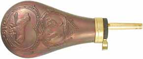 Powder Flask,
Remington Pistol style flask,
copper, with patina finish,
accepts 10-1mm threaded spouts